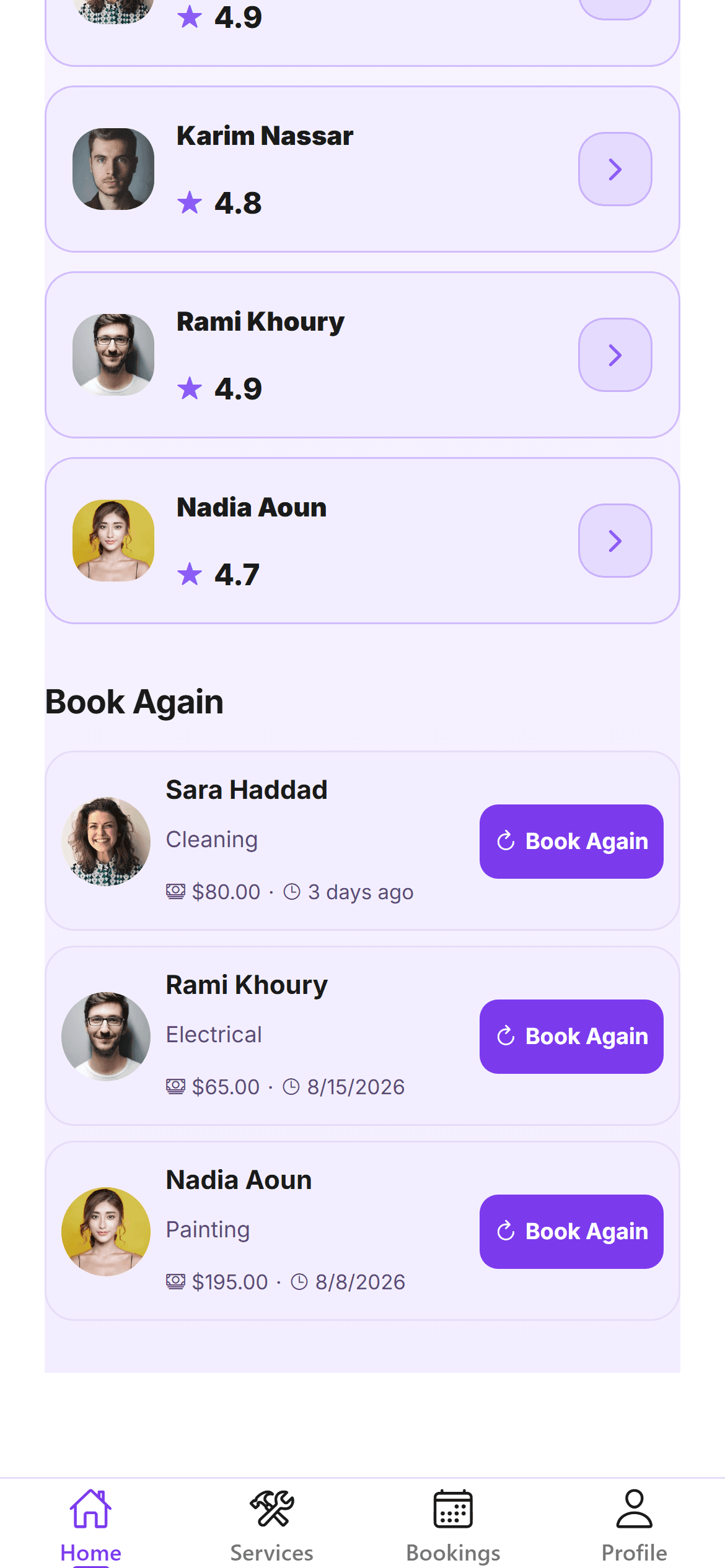 Zabbetli app home screen scrolled to top-rated providers and a book again list of past jobs