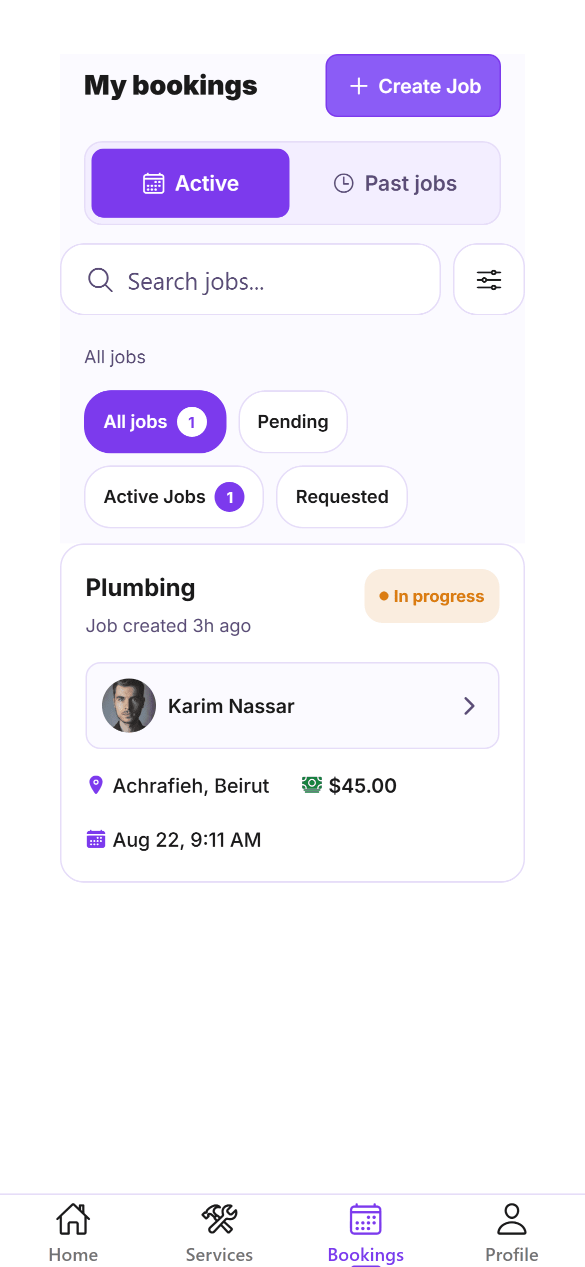 Zabbetli app bookings screen showing an in-progress plumbing job with its provider, location and price