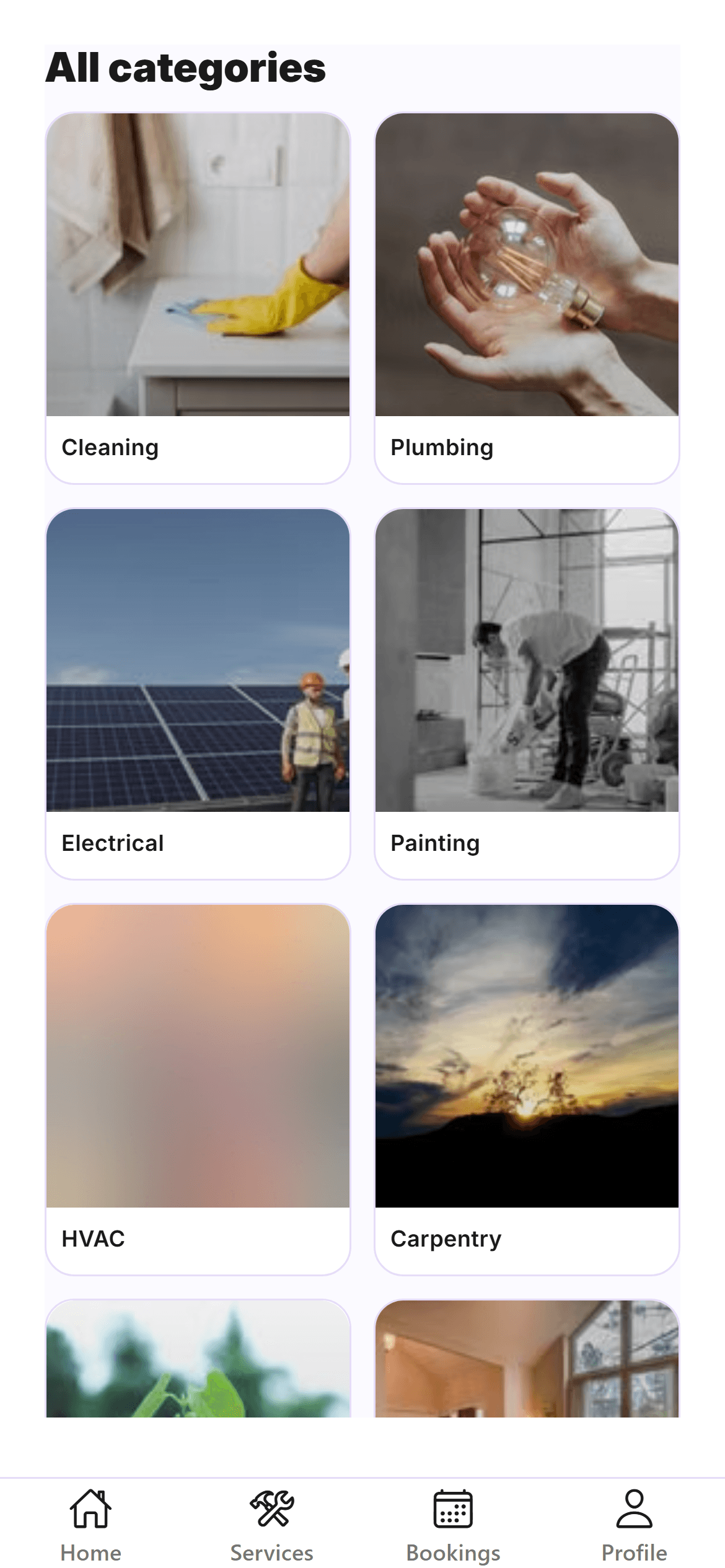 Zabbetli app categories screen showing a grid of service categories with photos