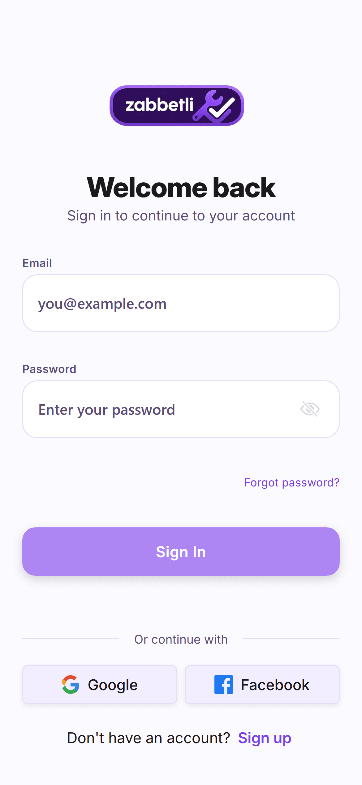 Zabbetli app sign-in screen with email and password fields and social sign-in options